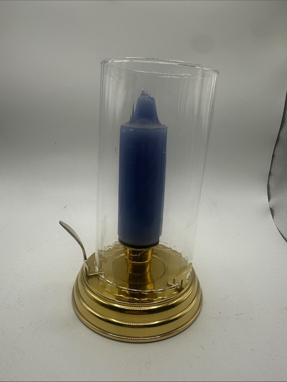 Brass Hurricane Candle Holder with Blue Pillar Candle - Vintage